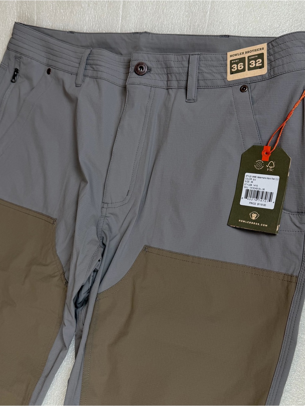 HOWLER BROS Waterman's Work Pants Mens Size 36x32 Grey Stretch Ripstop Hiking